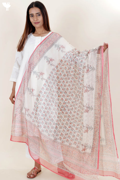 Kota Doria Dupatta With Floral Block Print